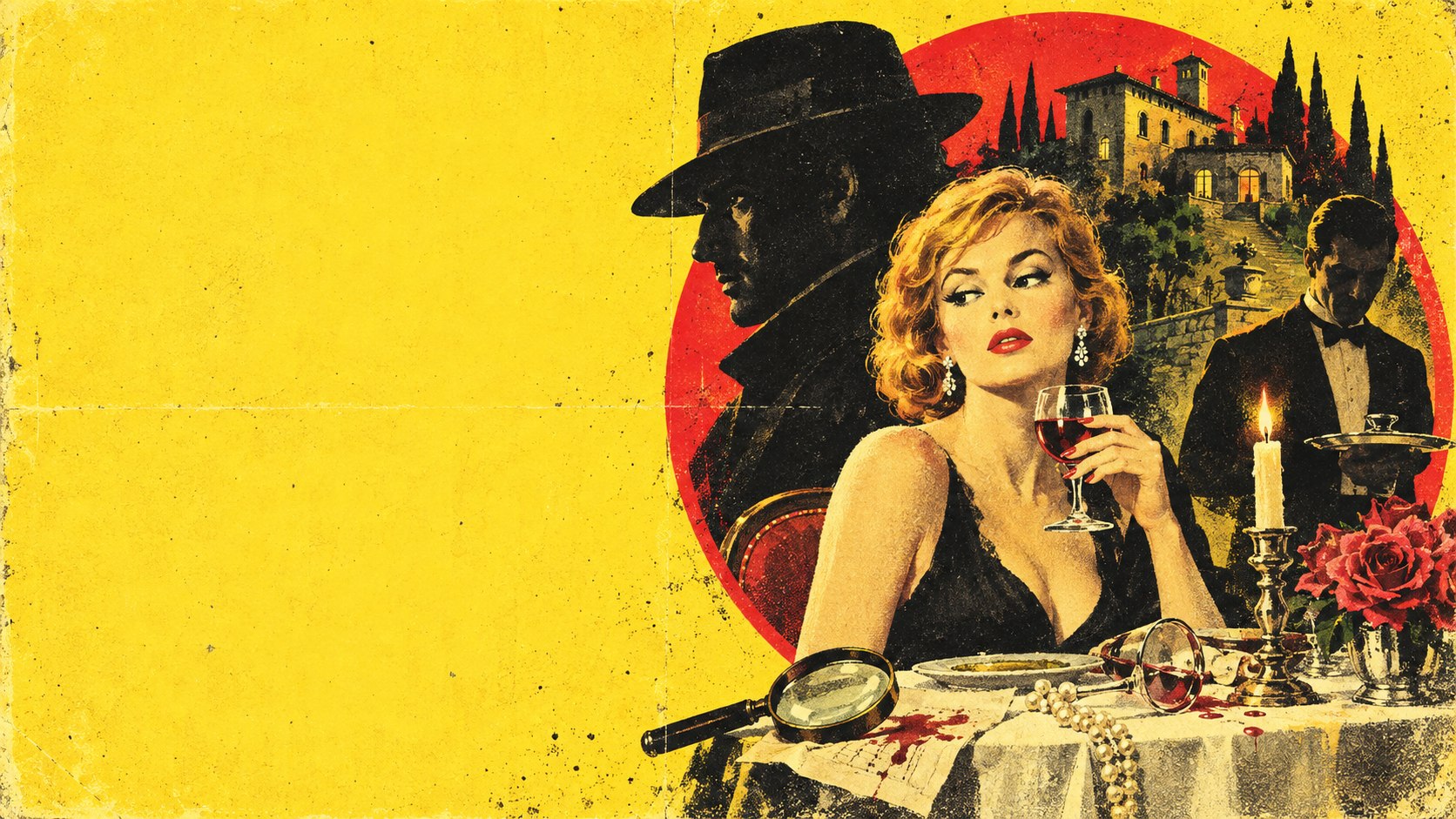 Illustrazione vintage di una cena con delitto in una villa italiana